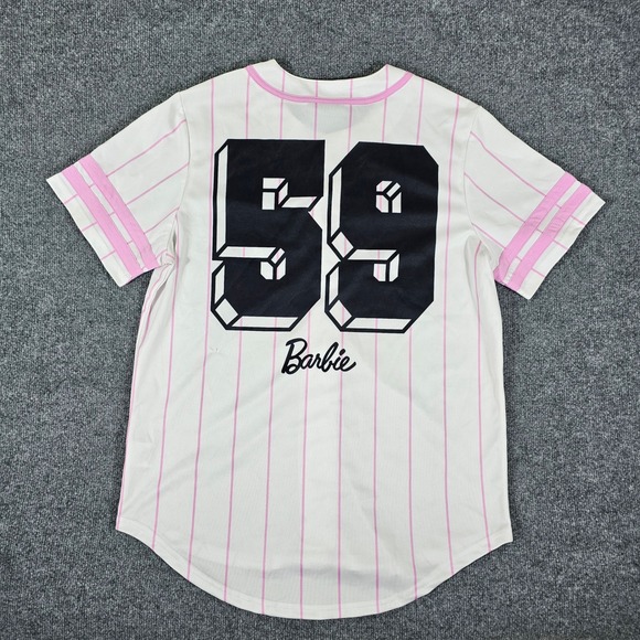 Barbie Official Baseball Jersey Shirt White Pink Number 58 Women's Size Large - Picture 2 of 7